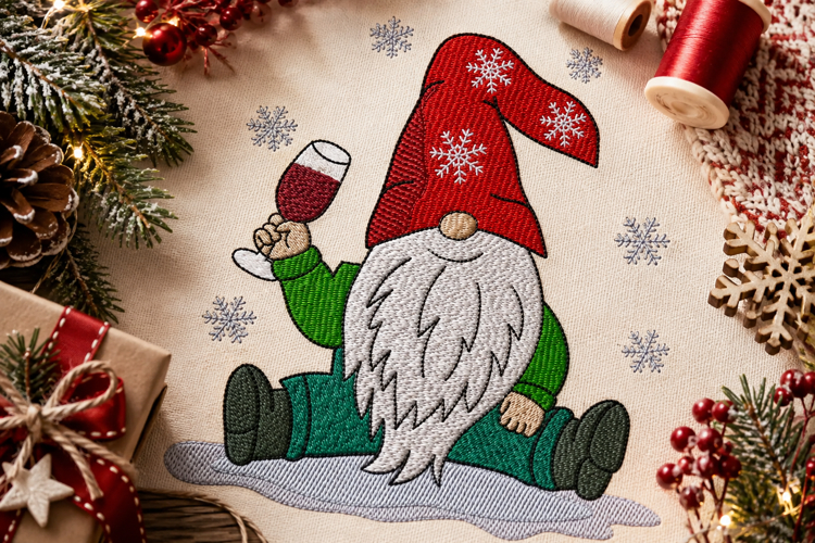 Christmas Gnome with Wine Glass. Xmas Embroidery File