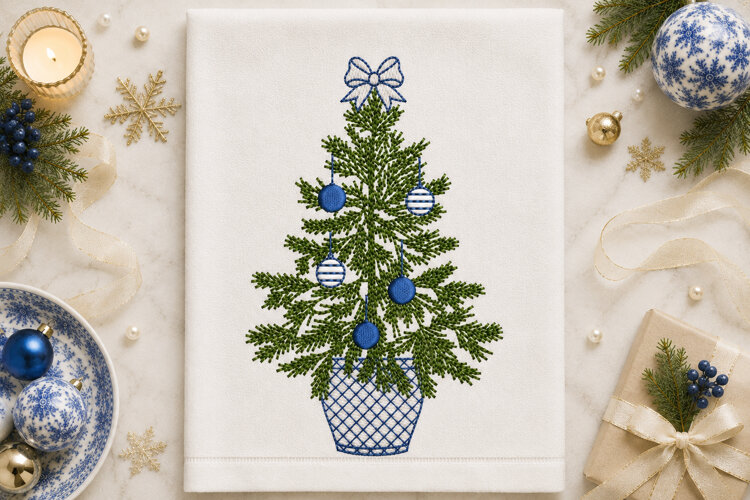 Chinoiserie Christmas Tree Embroidery Design Blue Ornament example image 1