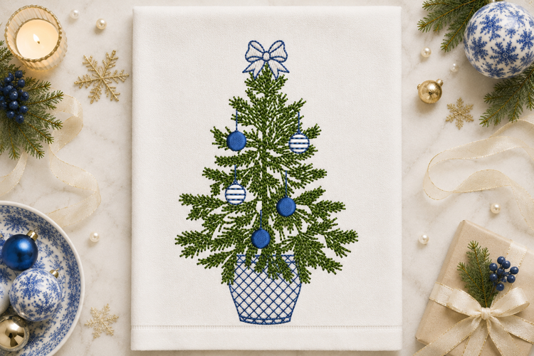 Chinoiserie Christmas Tree Embroidery Design Blue Ornament