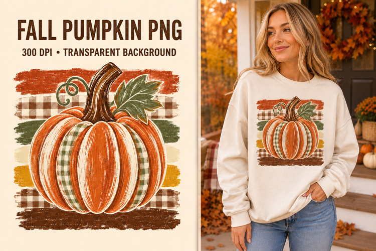 Fall Pumpkin PNG, Plaid Pumpkin Sublimation Design