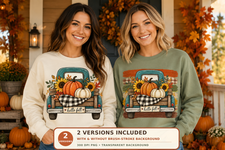 Hello Fall Truck PNG - Rustic Pumpkin Sublimation Design