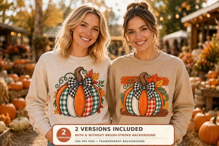 Patchwork Plaid Pumpkin PNG - Fall Sublimation Design with 2