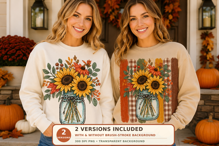Sunflower Mason Jar PNG - Rustic Fall Sublimation Design wit