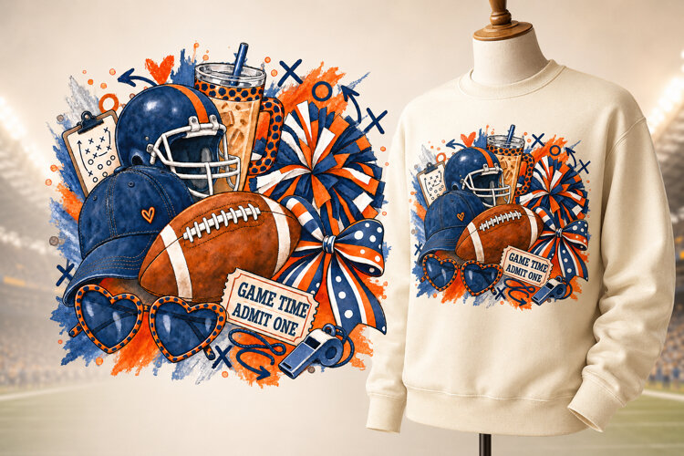Navy Blue and Orange Football Game Day PNG Sublimation Desig example image 1