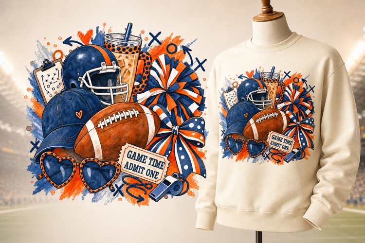 Navy Blue and Orange Football Game Day PNG Sublimation Desig