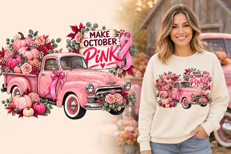 Make October Pink Breast Cancer Awareness Truck PNG Sublimat example image 1