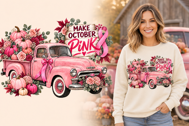 Make October Pink Breast Cancer Awareness Truck PNG Sublimat