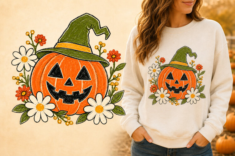 Floral Witch Hat Jack O Lantern Pumpkin PNG example image 1