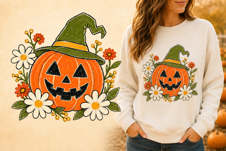 Floral Witch Hat Jack O Lantern Pumpkin PNG