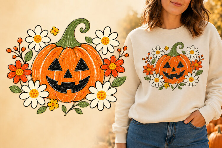 Floral Daisy Jack O Lantern Pumpkin PNG example image 1