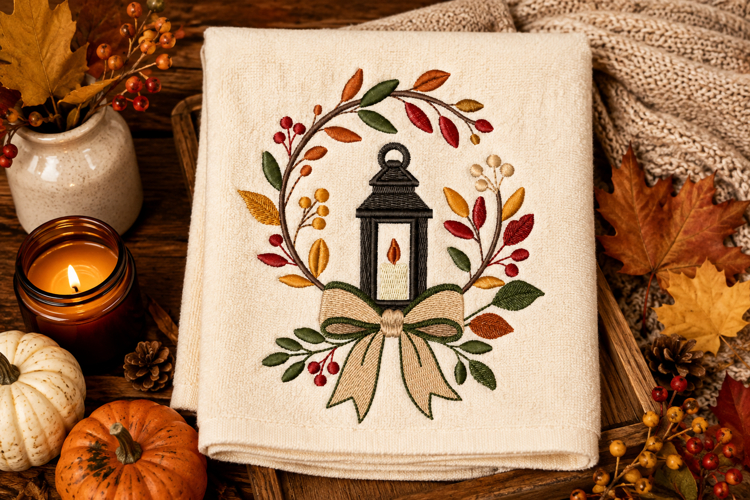 Fall Leaf Wreath with Lantern Machine Embroidery File