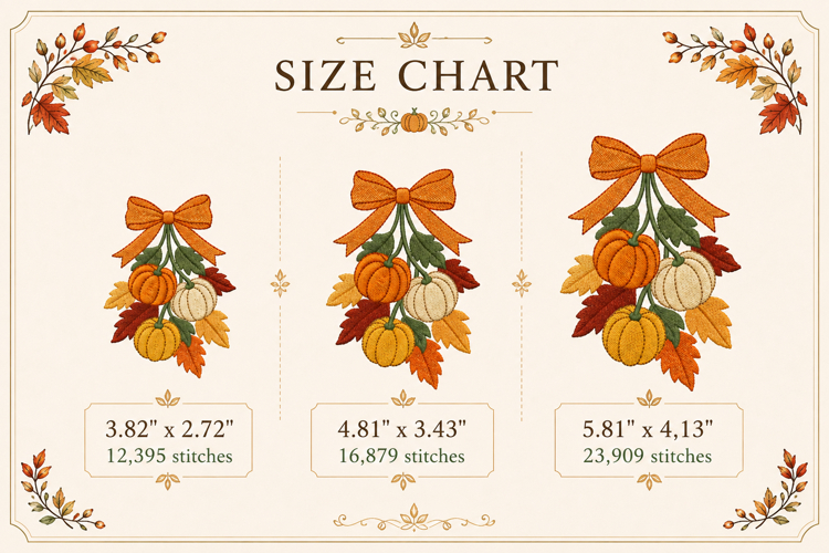 Pumpkin Bow Branch Embroidery Design Fall Leaves