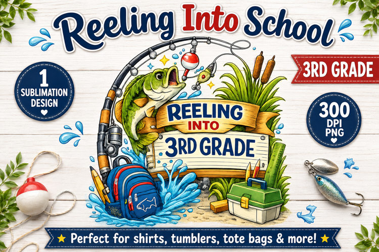 Reeling Into 3rd Grade PNG, Back to School Sublimation