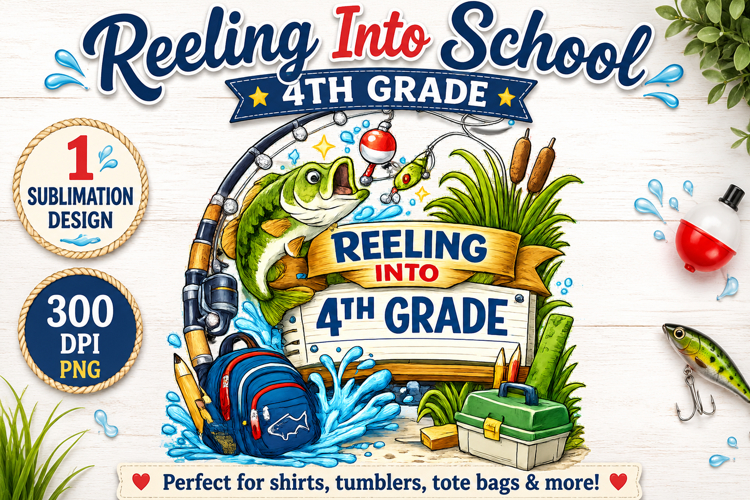 Reeling Into 4th Grade PNG, Fishing Back to School Sublimate