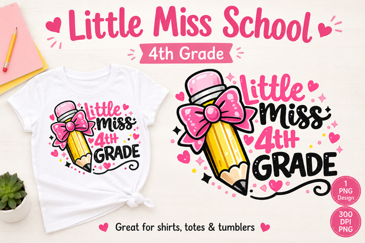 4th Grade PNG, Pencil Bow Back to School Girl Sublimation