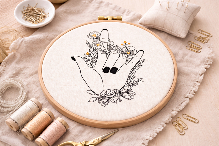 ASL I Love You Embroidery Design, Floral Hand Machine File