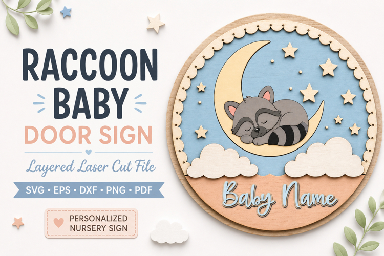 Raccoon Baby Name Sign SVG | Woodland Nursery Door Sign