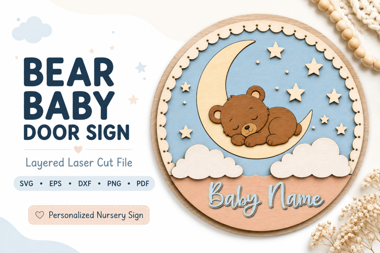 Bear Baby Name Sign SVG | Woodland Nursery Door Sign
