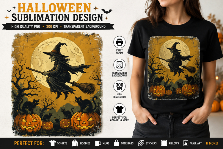 Vintage Halloween Witch PNG | Witch on Broom Sublimation