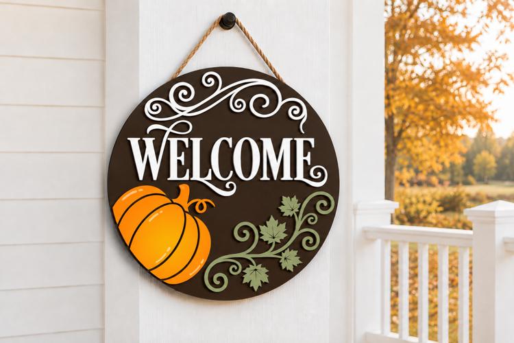 Welcome Pumpkin Autumn Round Door Hanger SVG Cut File Design