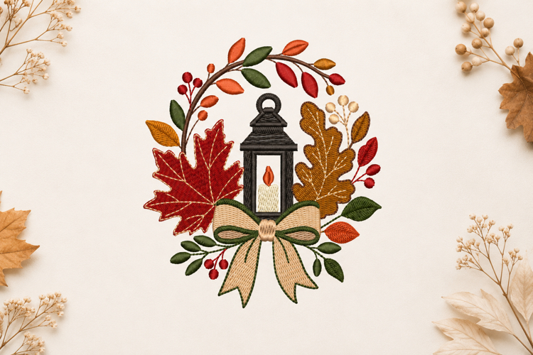 Fall Wreath Lantern Machine Embroidery Design Autumn Leaf