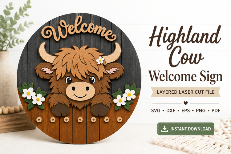 Highland Cow SVG Welcome Sign | Layered Laser Cut File