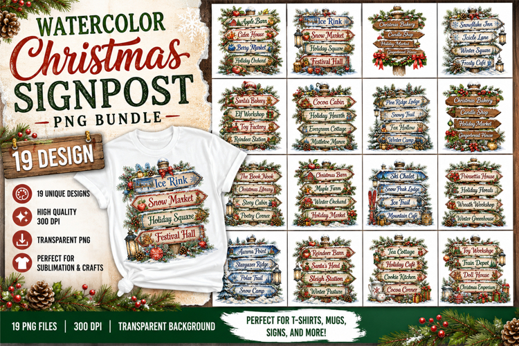 Watercolor Christmas Signpost PNG Bundle