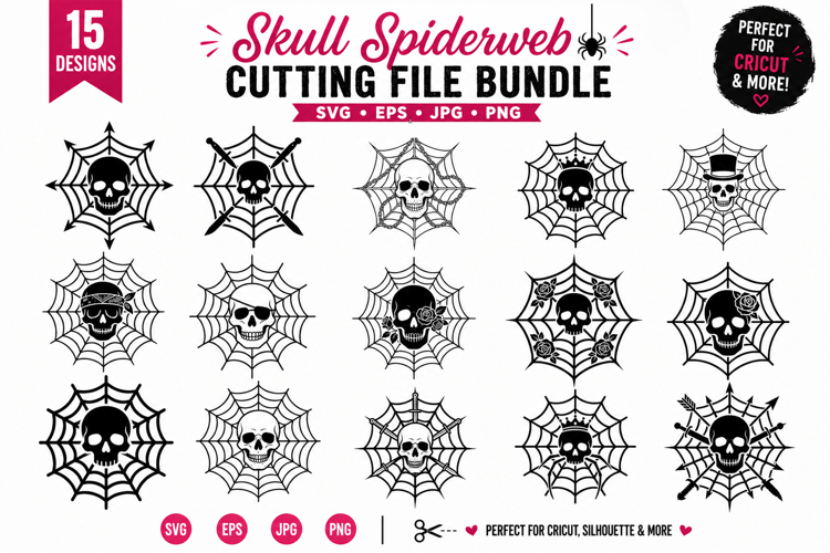 Skull & Cobweb Silhouette - 15 Designs in SVG, EPS, PNG, JPG