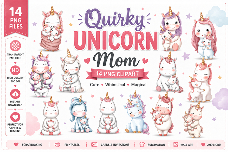 Quirky Unicorn Mom & Baby Clipart PNG | 14 Unique Designs
