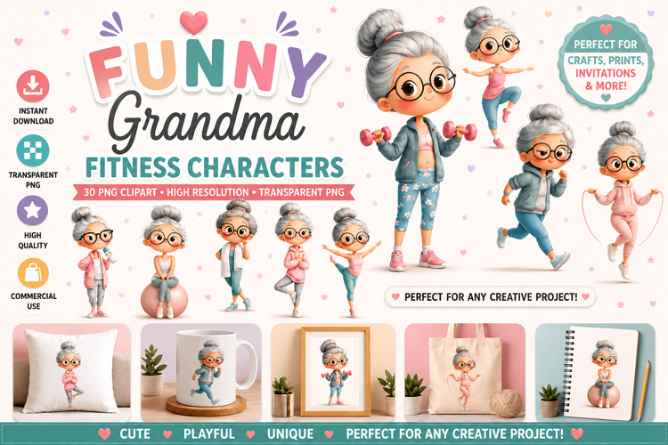 Funny Grandma Fitness Characters Clipart PNG | 30 Designs