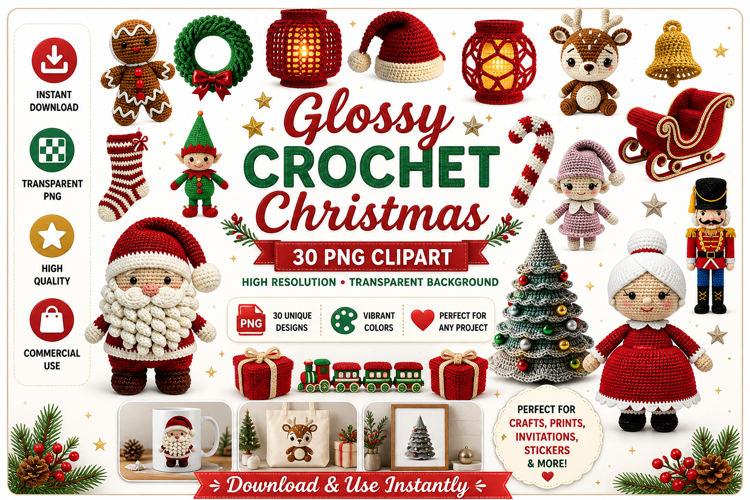 Glossy Crochet Christmas Clipart PNG | 30 Amigurumi Designs