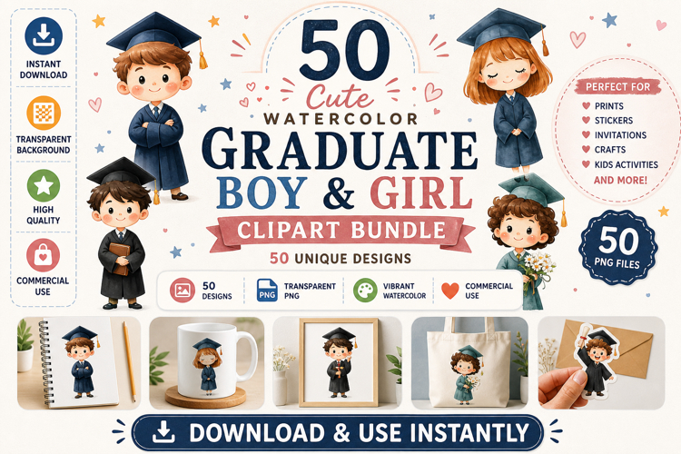 50 Cute Watercolor Graduate Clipart PNG | Boy & Girl Bundle