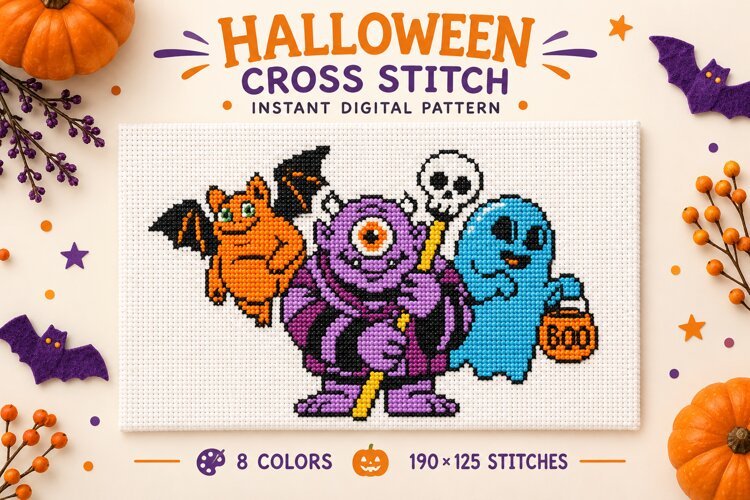 Cute Halloween Cross Stitch Pattern Ghost & Monsters example image 1