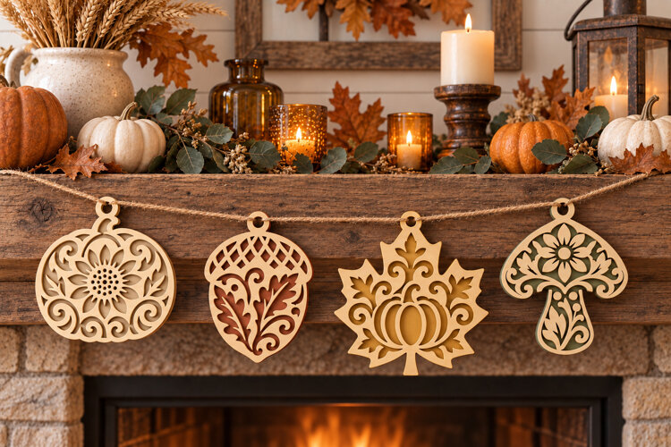 Fall Hanging Ornament SVGs Pumpkin, Acorn, Maple Leaf Shroom example image 1