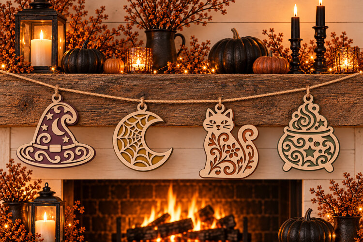 Halloween Hanging Ornament SVGs Witch Hat, Spiderweb, Cat an example image 1