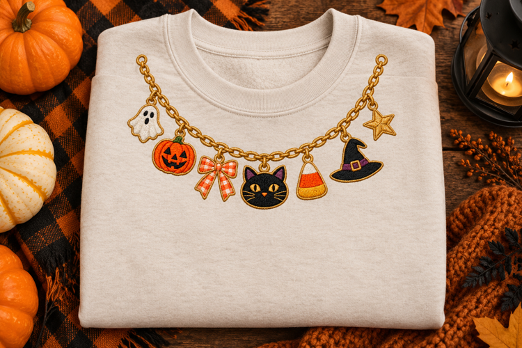 Halloween Charm Necklace Faux Embroidery PNG