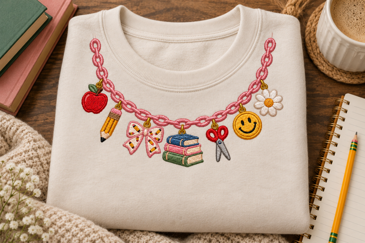 Teacher School Charm Necklace Faux Embroidery PNG
