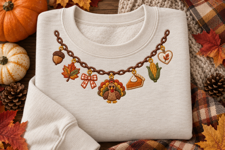 Fall Thanksgiving Charm Necklace Faux Embroidery PNG