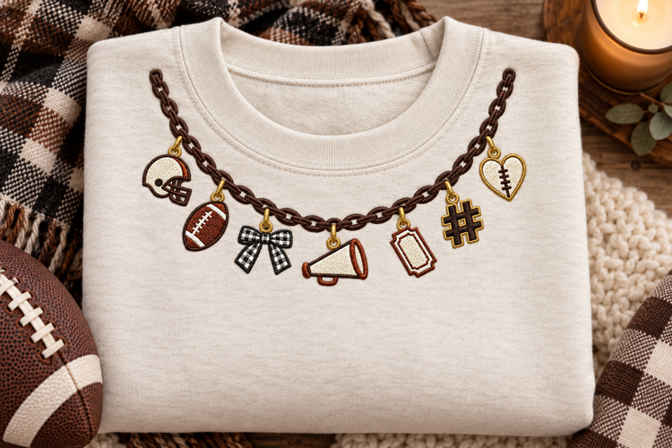 Football Game Day Charm Necklace Faux Embroidery PNG