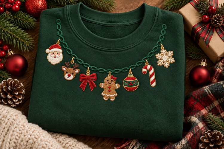 Christmas Charm Necklace Faux Embroidery PNG