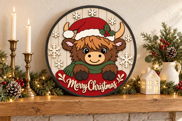 Highland Cow Christmas Sign SVG | Laser Cut File