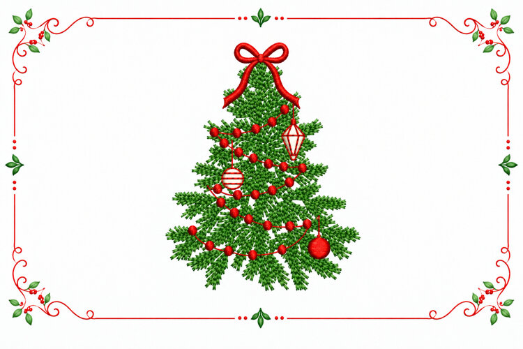 Christmas Tree Red Bow Embroidery Design example image 1