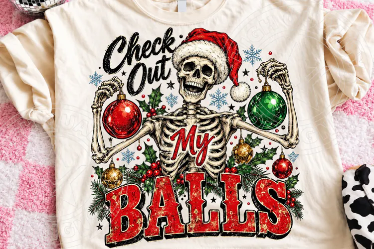 Check Out My Balls Funny Christmas Skeleton Santa Hat PNG