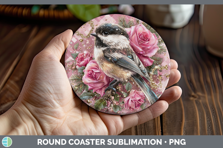 Chickadee Checker Valentine Round Coaster Sublimation Design