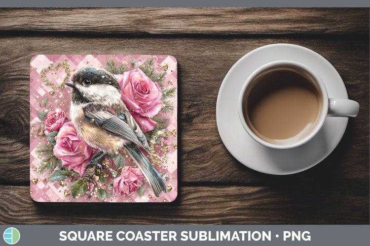 Chickadee Checker Valentine Square Coaster Sublimation Desig