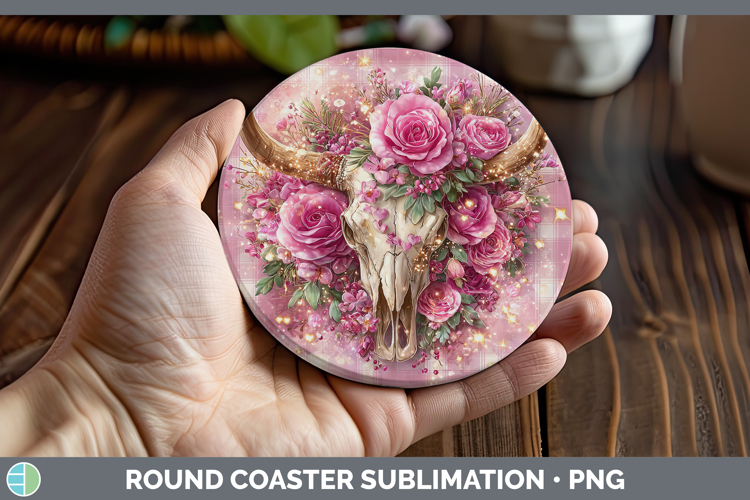 Cow Skull Checker Valentine Round Coaster Sublimation Design
