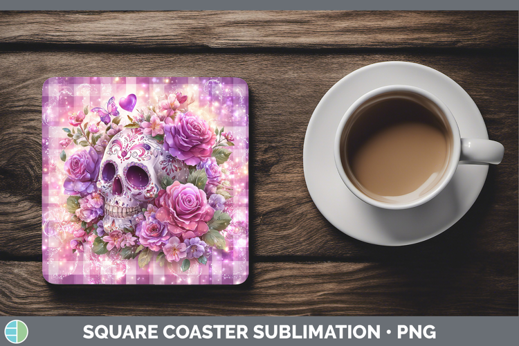 Sugar Skull Checker Valentine Square Coaster Sublimation Des