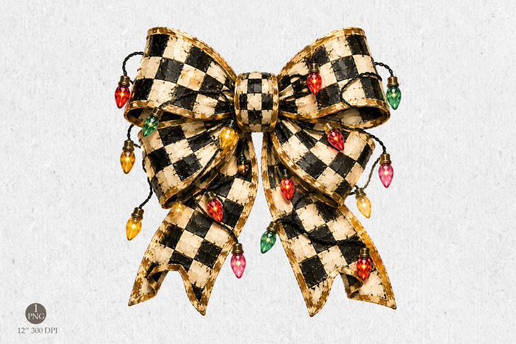 Checkerboard Christmas Bow Png, Holiday Lights Ribbon Design