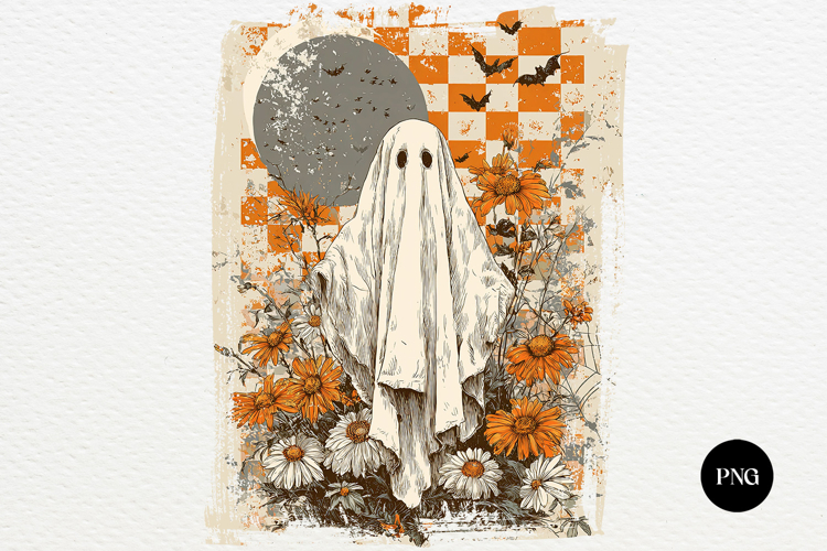 Retro Floral Halloween Ghost PNG