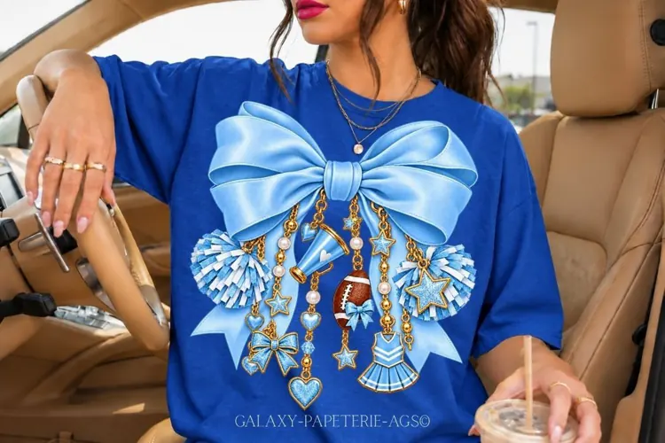 Light Blue Cheer Bow PNG with Gold Charms